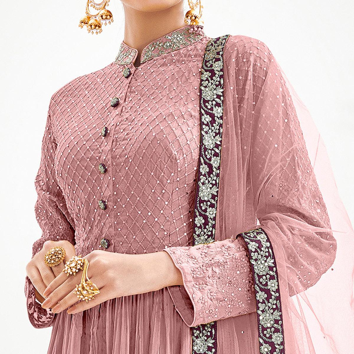 Dusty Pink Floral Embroidered Chiffon Palazzo Suit