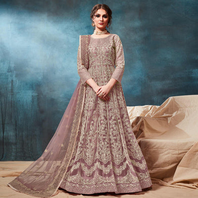 Dusty Pink Floral Embroidered Net Anarkali Style Gown