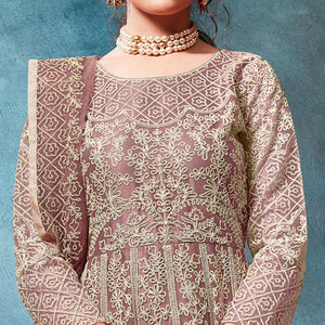 Dusty Pink Floral Embroidered Net Anarkali Style Gown