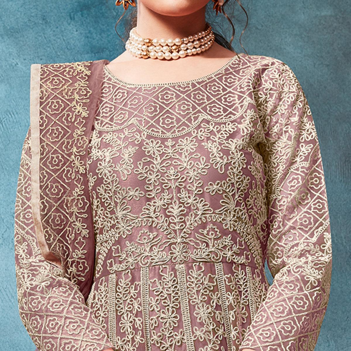 Dusty Pink Floral Embroidered Net Anarkali Style Gown