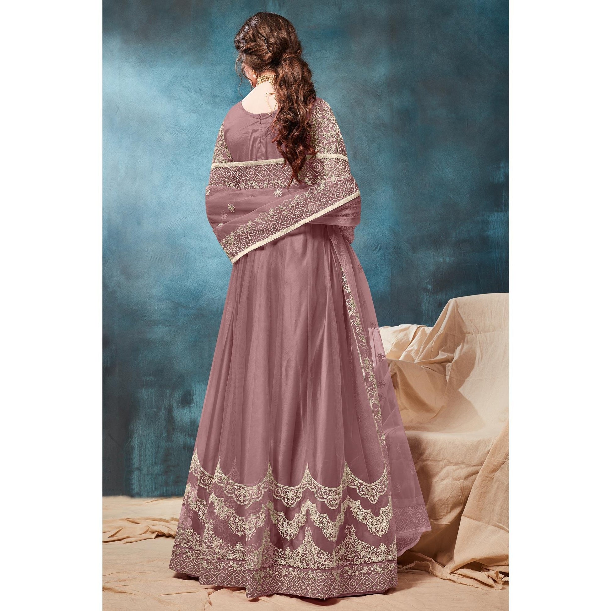 Dusty Pink Floral Embroidered Net Anarkali Style Gown