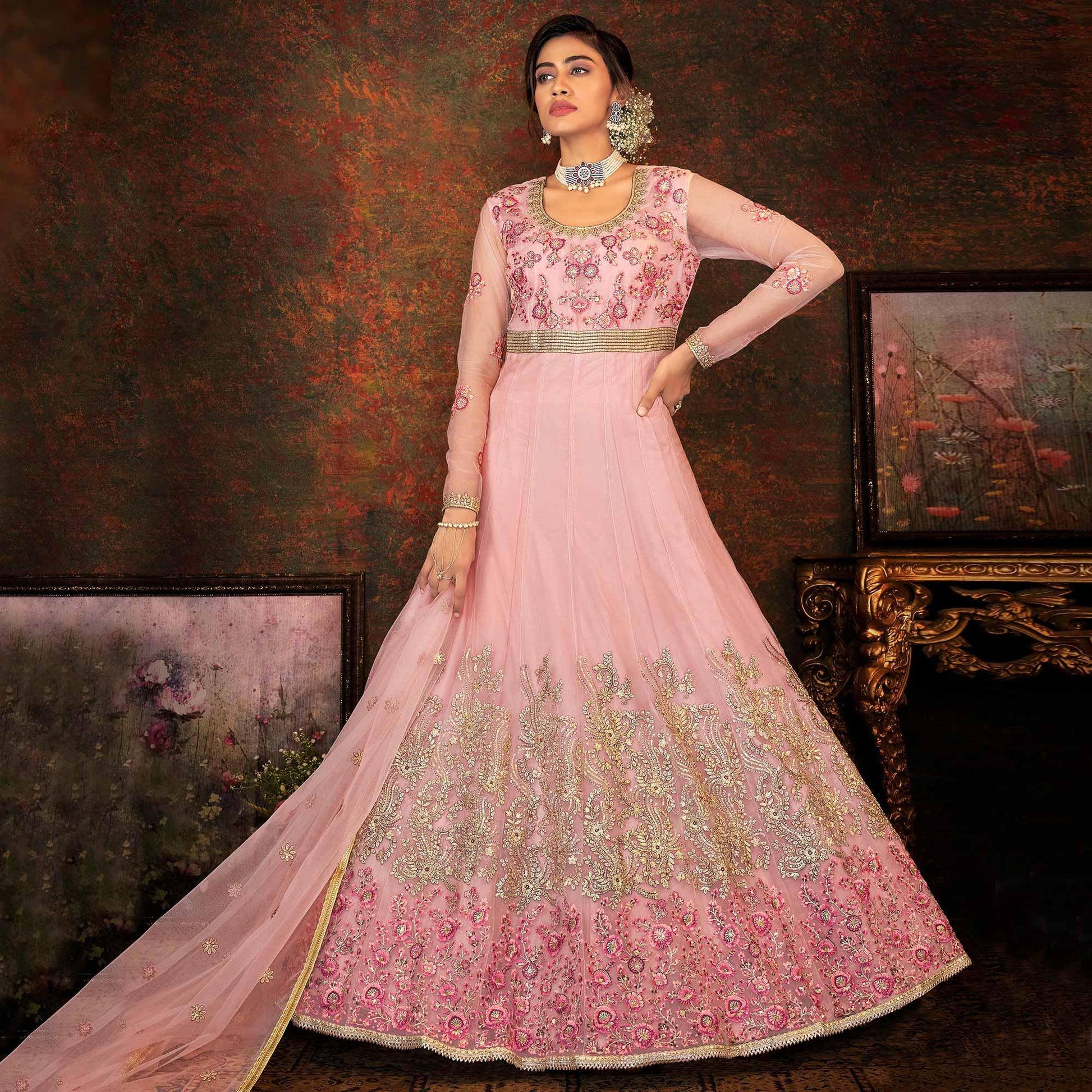 Dusty Pink Floral Embroidered Net Partywear Gown