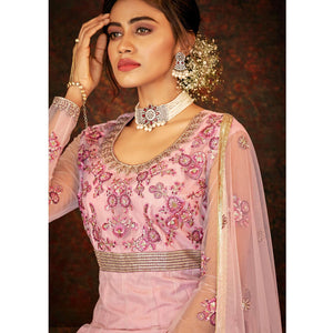 Dusty Pink Floral Embroidered Net Partywear Gown