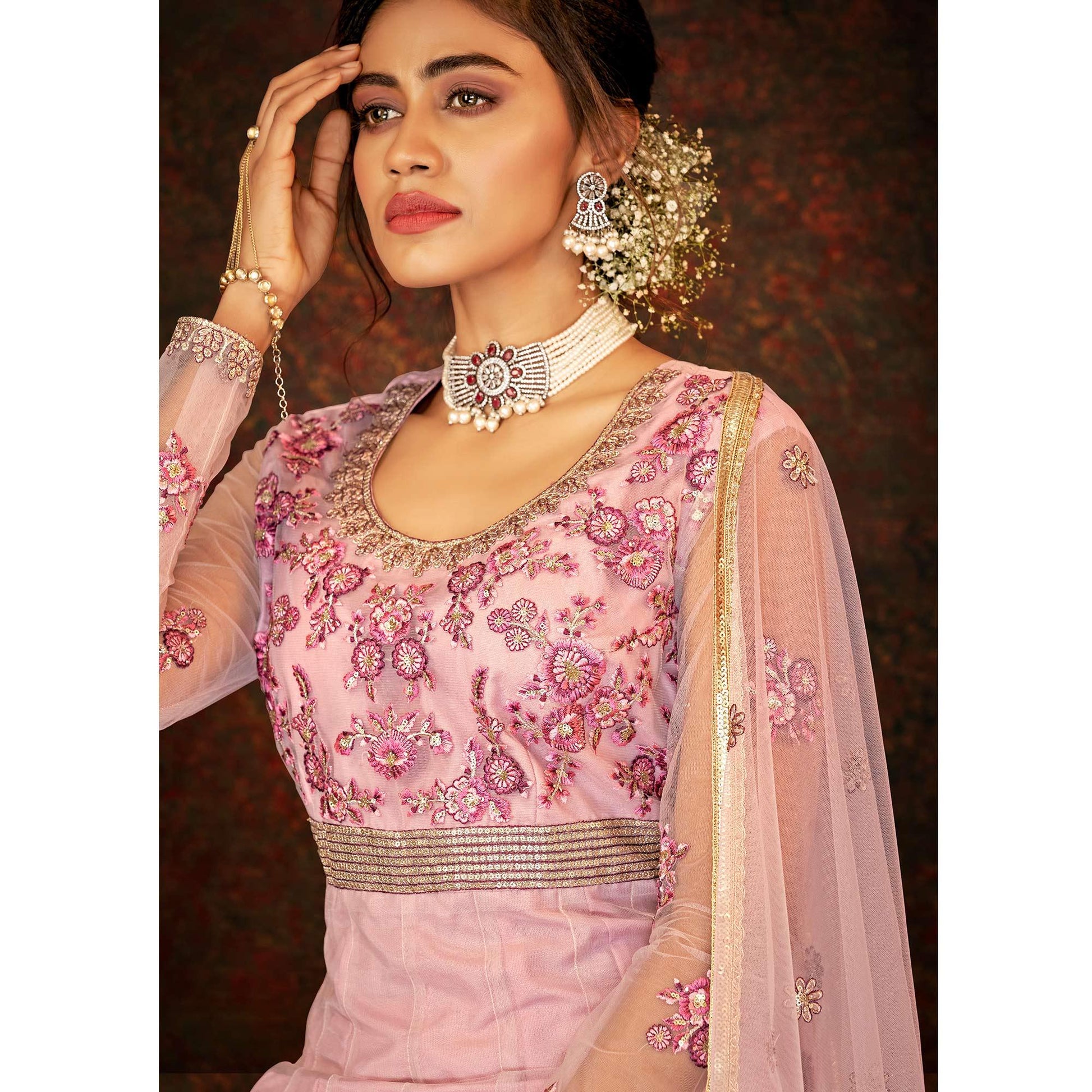 Dusty Pink Floral Embroidered Net Partywear Gown