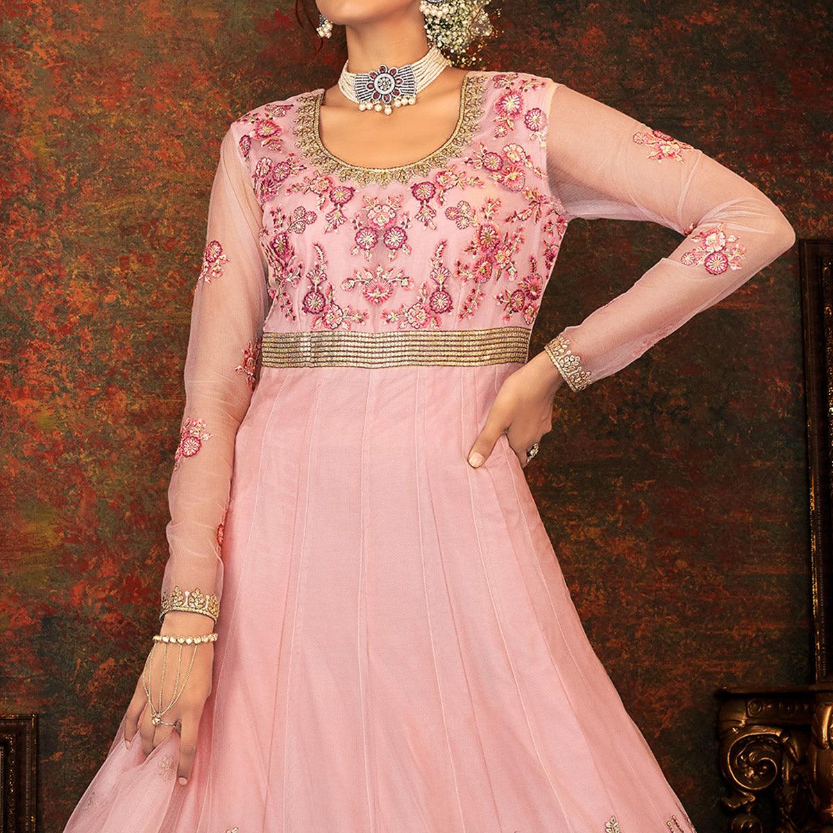Dusty Pink Floral Embroidered Net Partywear Gown