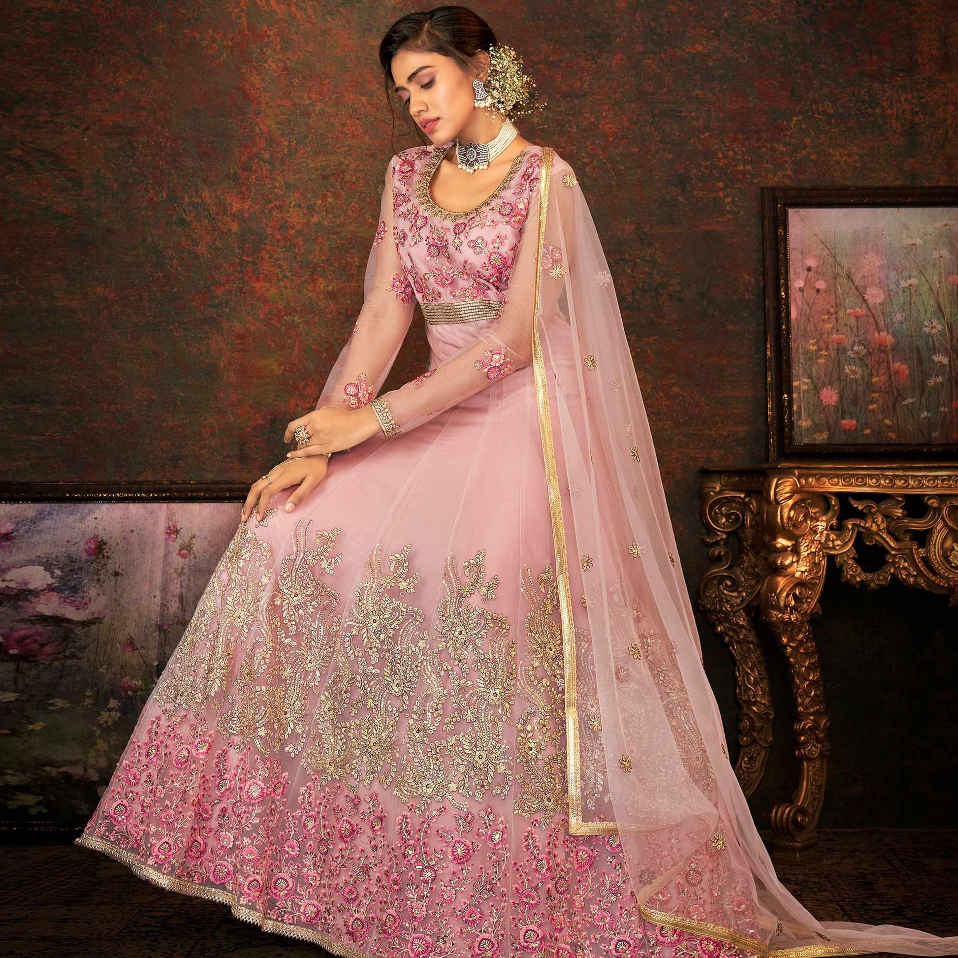 Dusty Pink Floral Embroidered Net Partywear Gown