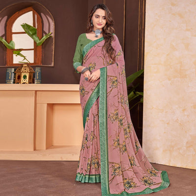 Dusty Pink Floral Printed Georgette Saree