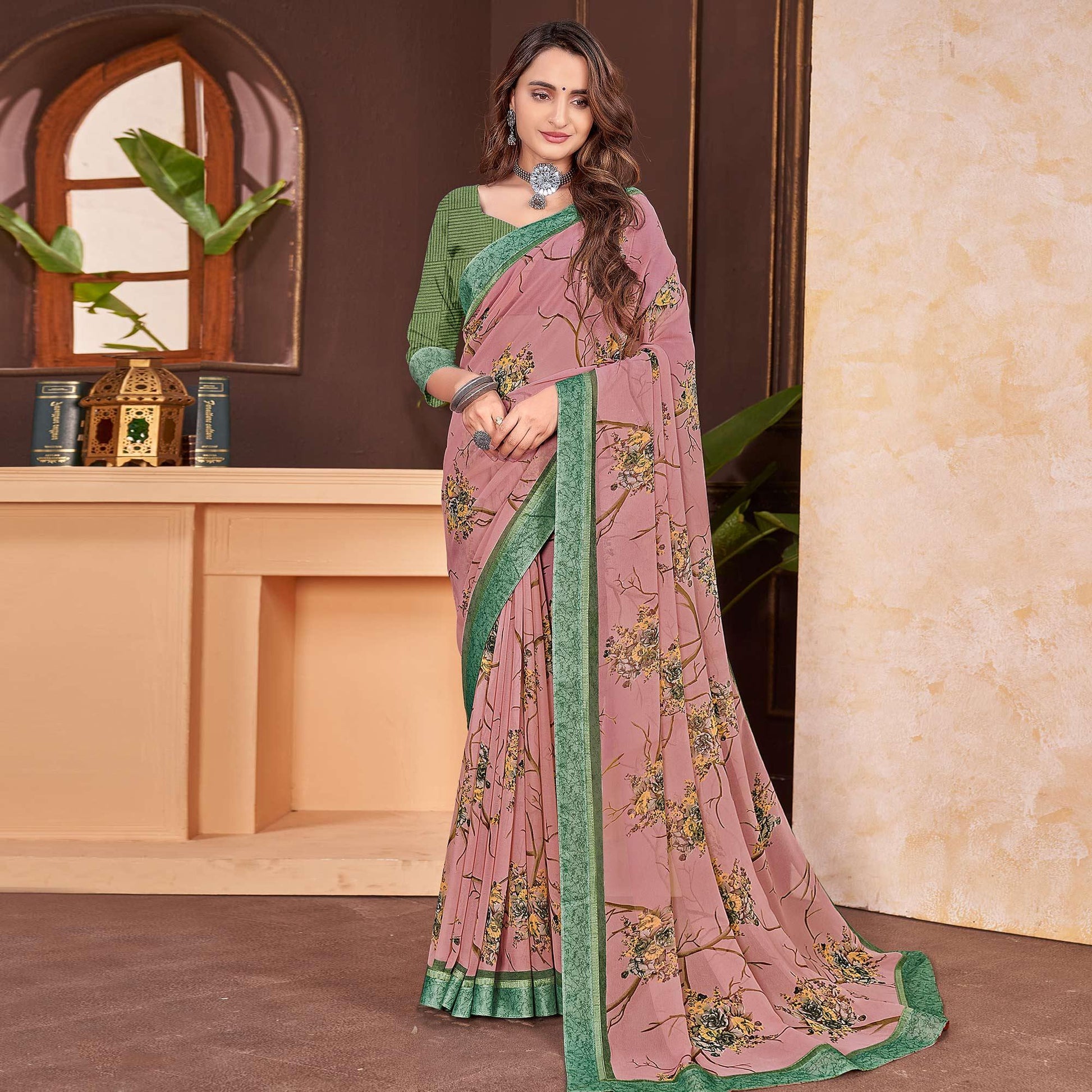 Dusty Pink Floral Printed Georgette Saree