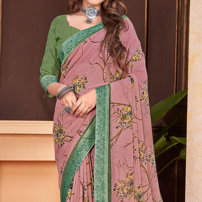 Dusty Pink Floral Printed Georgette Saree