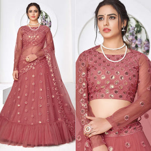 Dusty Pink Floral Sequins Embroidered Net Lehenga Choli