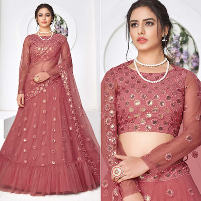 Dusty Pink Floral Sequins Embroidered Net Lehenga Choli