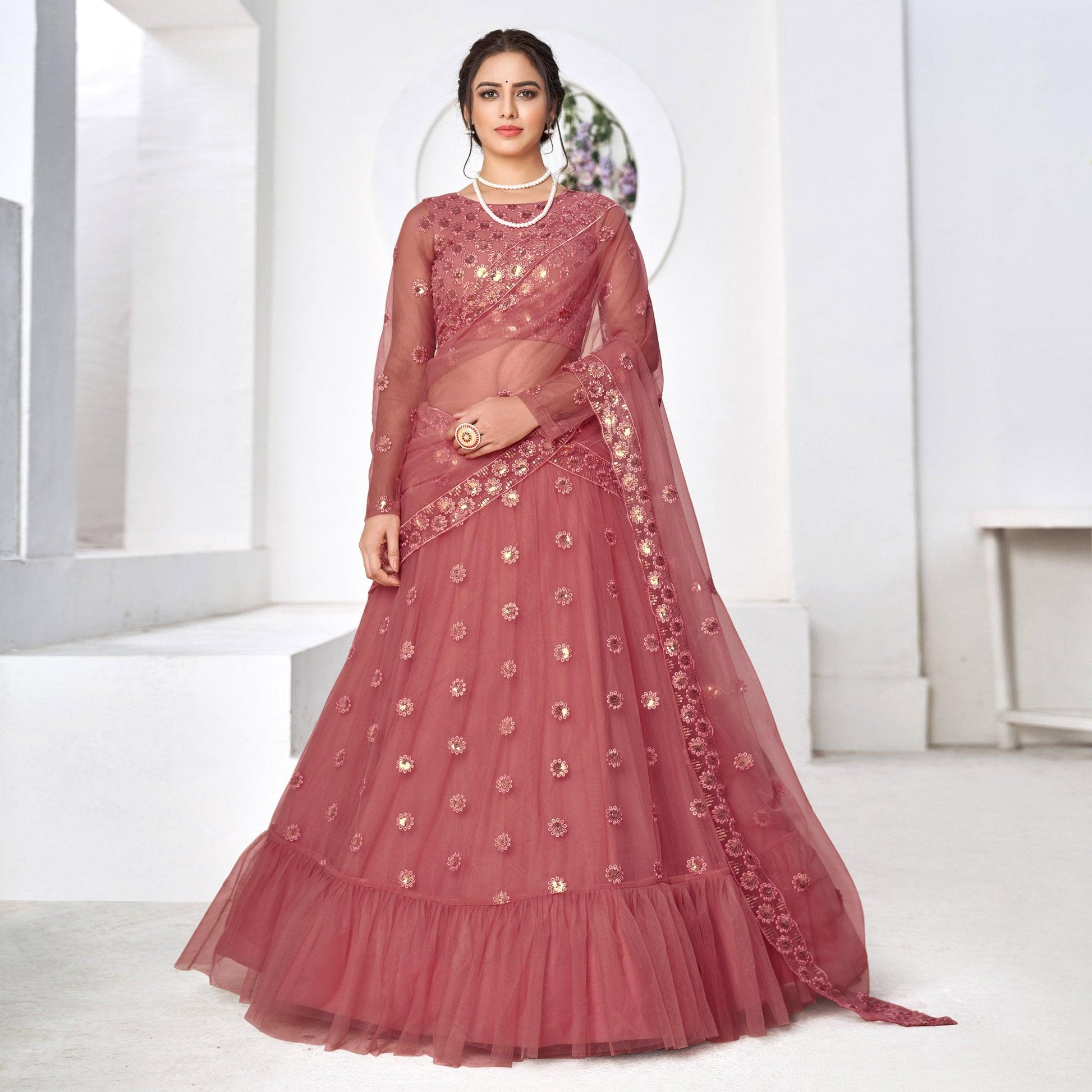 Dusty Pink Floral Sequins Embroidered Net Lehenga Choli