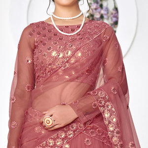 Dusty Pink Floral Sequins Embroidered Net Lehenga Choli