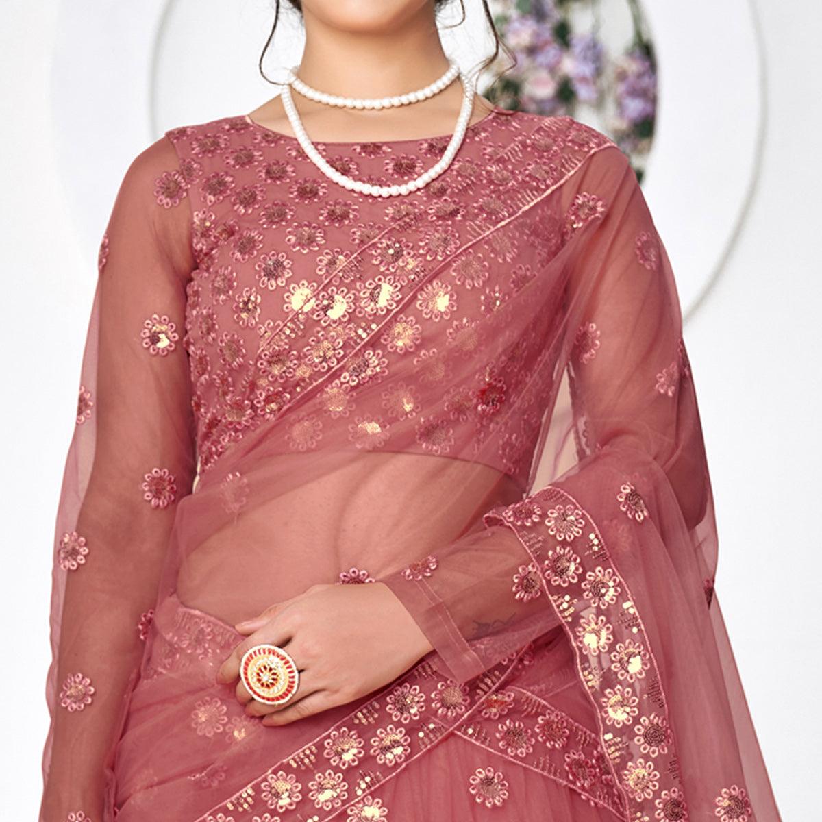 Dusty Pink Floral Sequins Embroidered Net Lehenga Choli