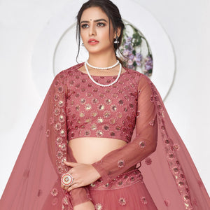 Dusty Pink Floral Sequins Embroidered Net Lehenga Choli