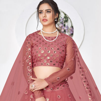 Dusty Pink Floral Sequins Embroidered Net Lehenga Choli
