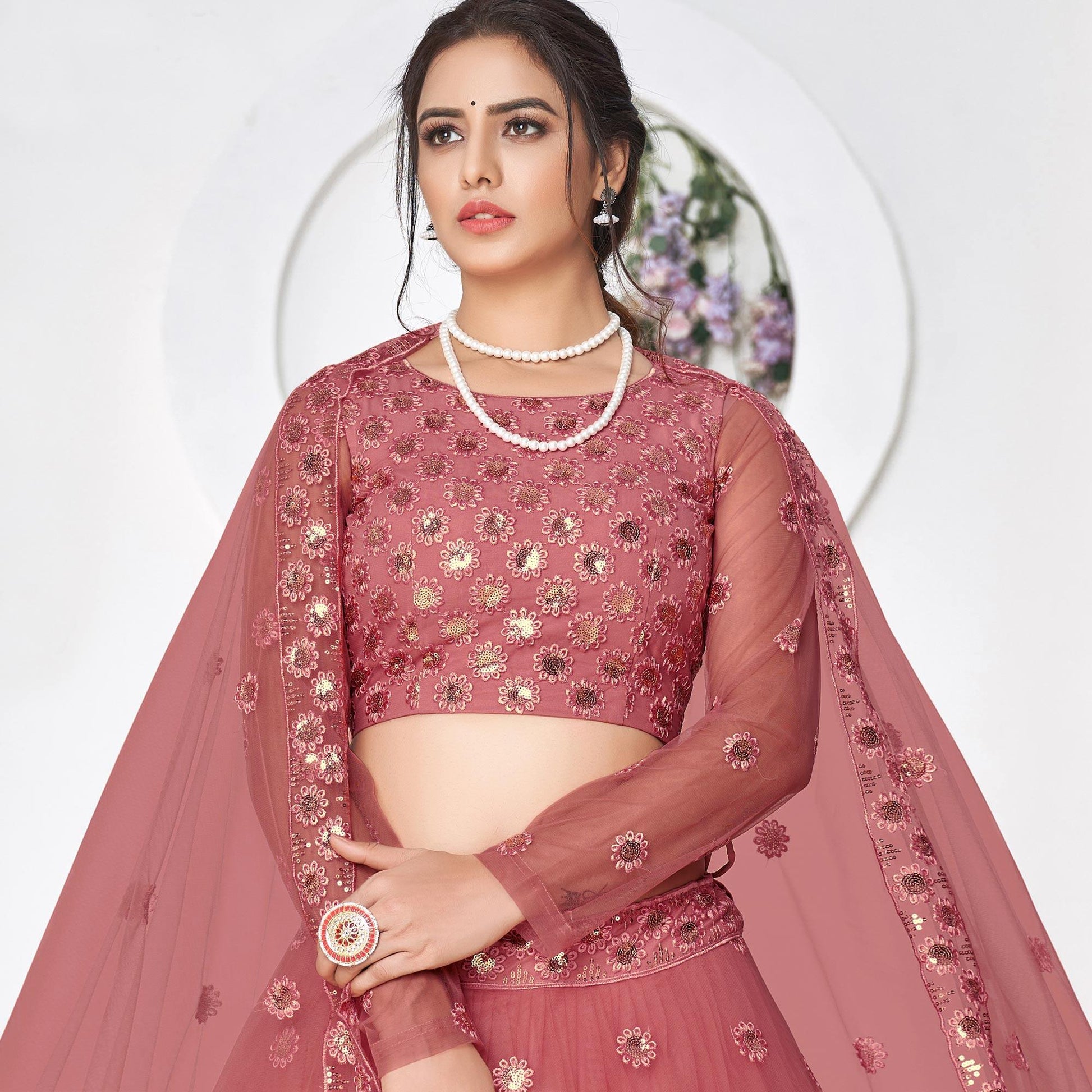 Dusty Pink Floral Sequins Embroidered Net Lehenga Choli