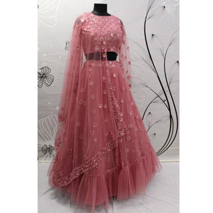 Dusty Pink Floral Sequins Embroidered Net Lehenga Choli