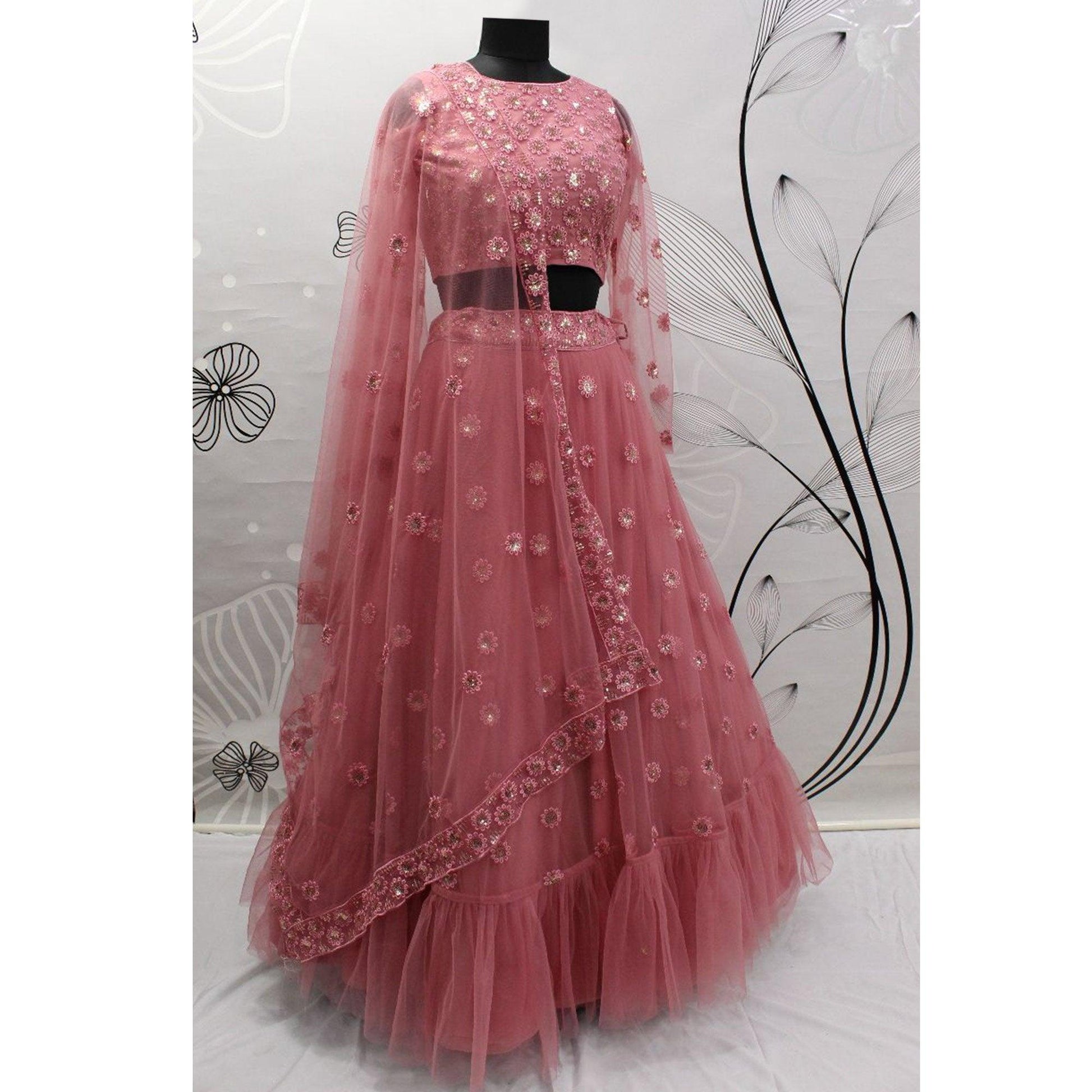 Dusty Pink Floral Sequins Embroidered Net Lehenga Choli