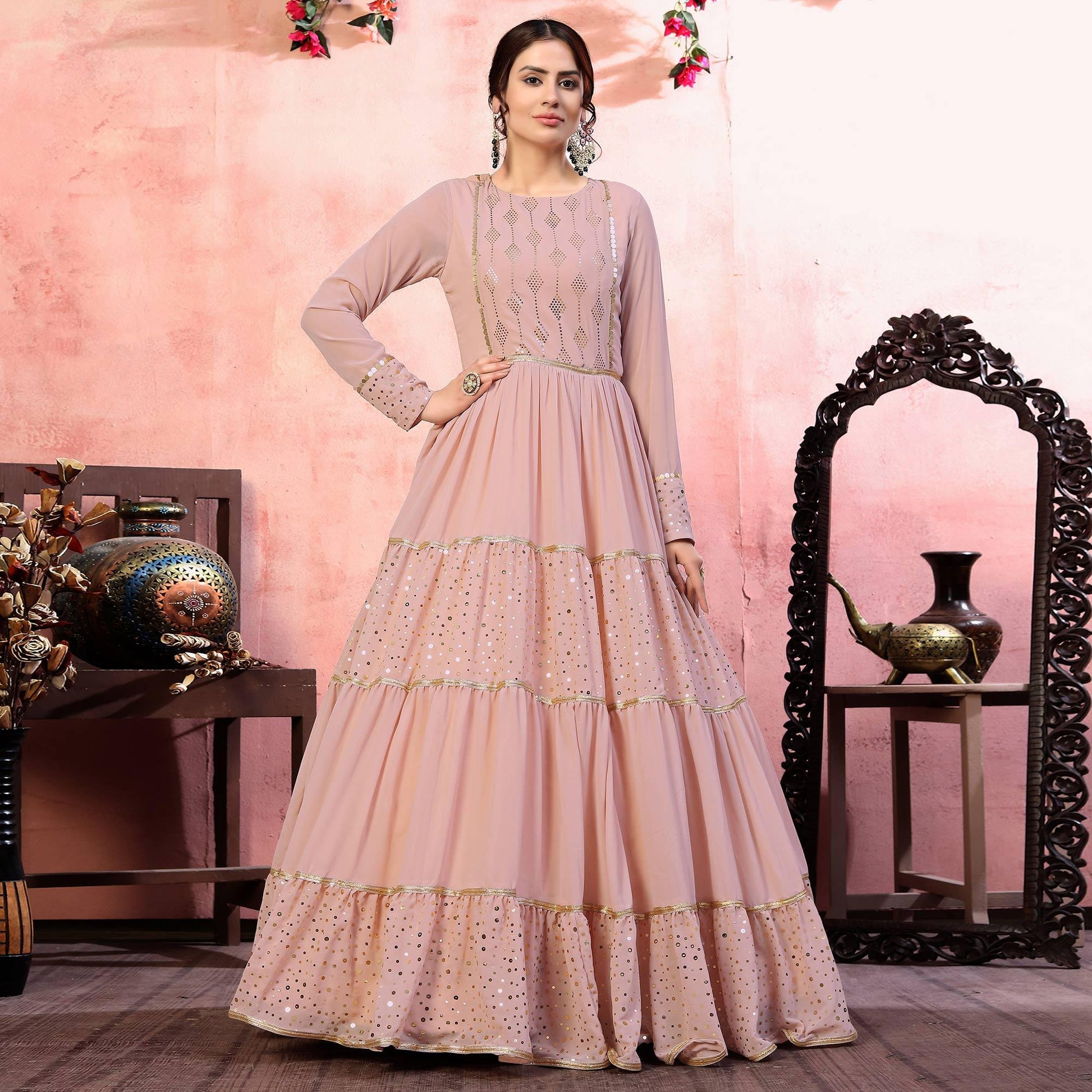 Dusty Pink Golden Sequins Georgette Anarkali Partywear Gown