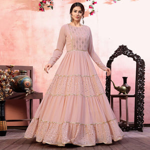 Dusty Pink Golden Sequins Georgette Anarkali Partywear Gown