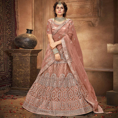 Dusty Pink Partywear Multi Sequins Embroidered Net Lehenga Choli
