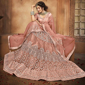 Dusty Pink Partywear Multi Sequins Embroidered Net Lehenga Choli