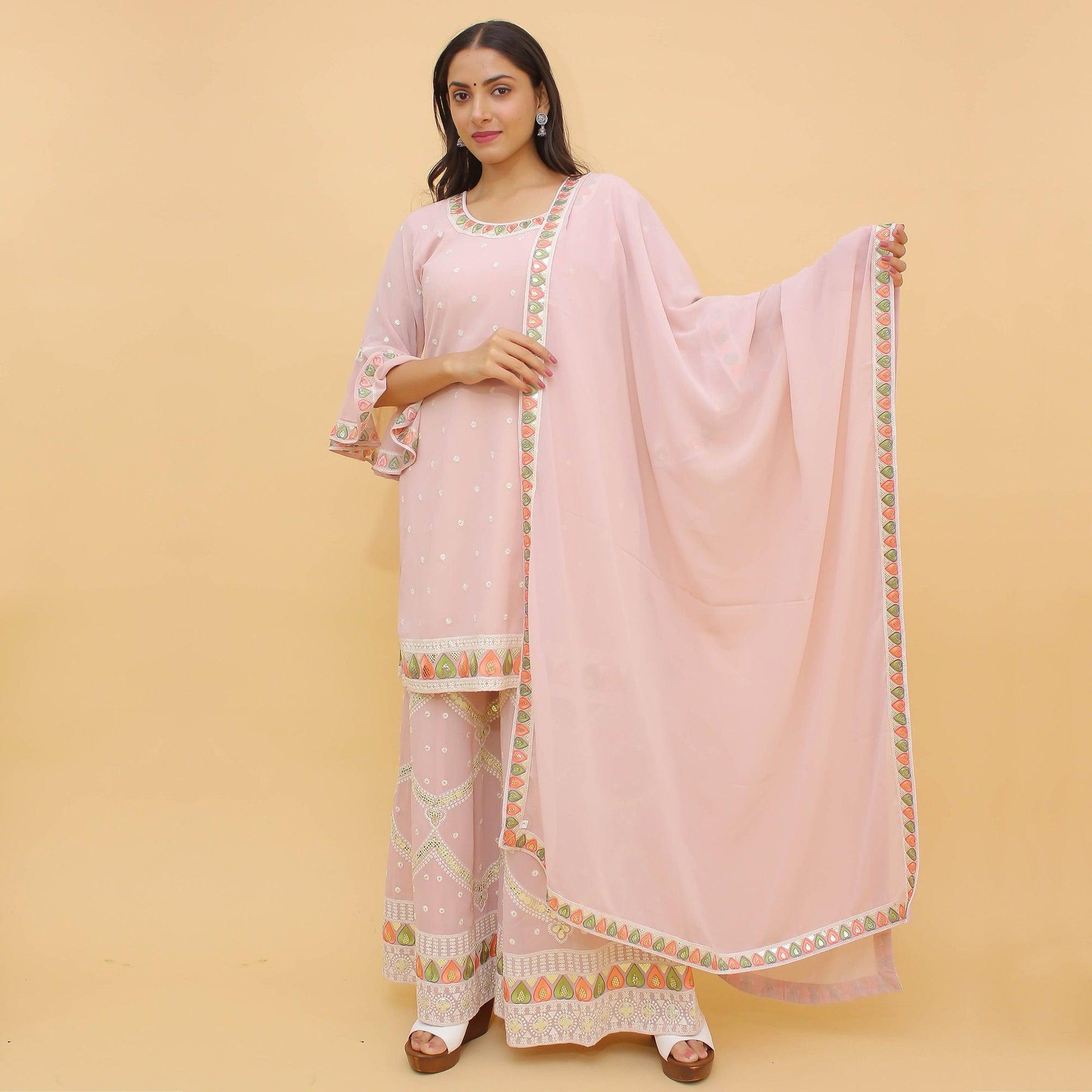 Dusty Pink Sequins Embroidered With Foil Georgette Sharara Suit