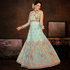 Dusty Rama Floral Embroidered Net Partywear Gown