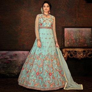 Dusty Rama Floral Embroidered Net Partywear Gown
