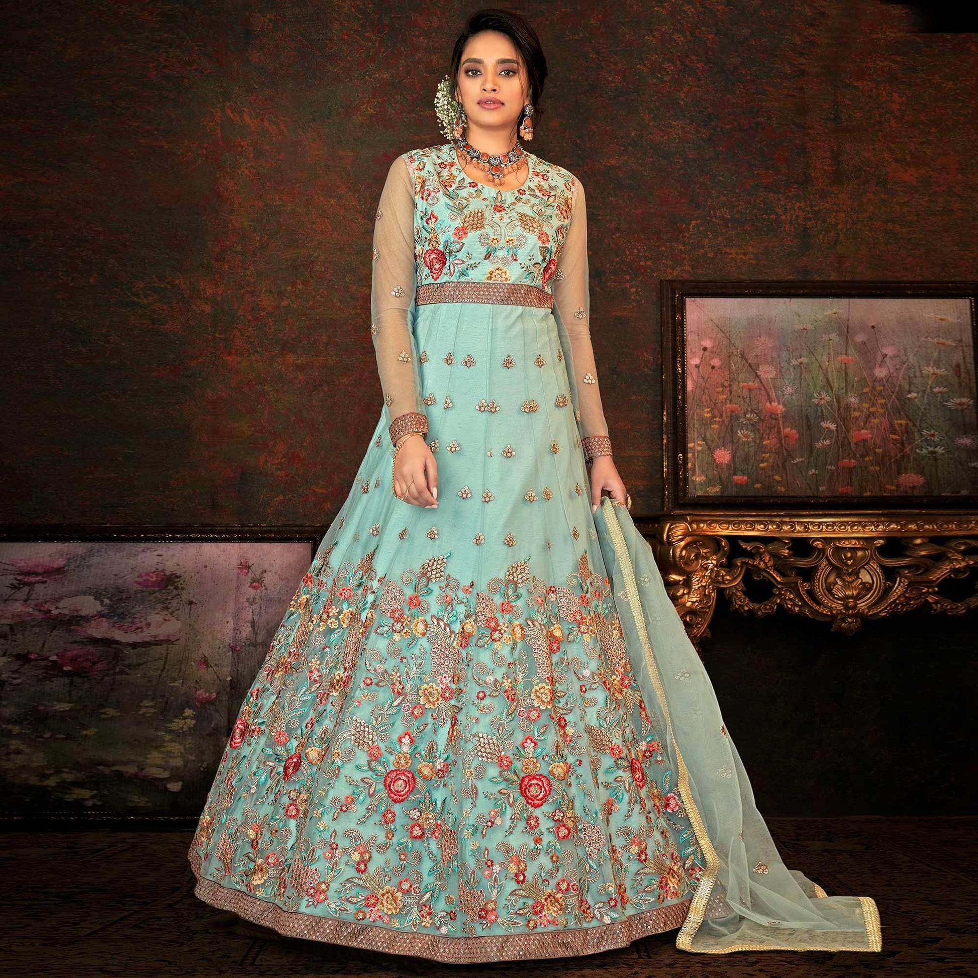 Dusty Rama Floral Embroidered Net Partywear Gown