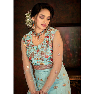 Dusty Rama Floral Embroidered Net Partywear Gown