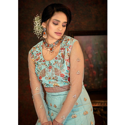 Dusty Rama Floral Embroidered Net Partywear Gown