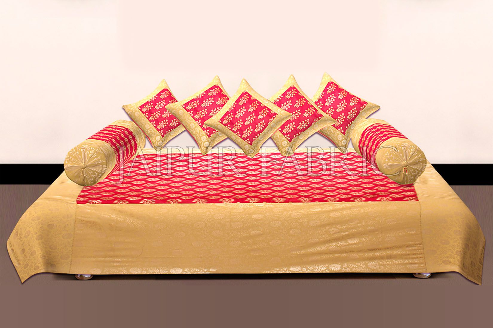 RED BASE PATCHWORK & GOLDEN FLORAL PRINTED  DIWAN SET