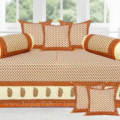 Orange Border Cream Base Small Tree Pattern With Golden Print  Diwan Set