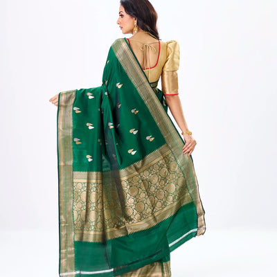 Dark Green Handloom Banarasi Silk Saree With Gold & Silver Zari Buttas
