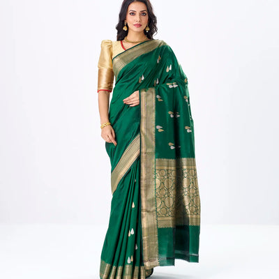 Dark Green Handloom Banarasi Silk Saree With Gold & Silver Zari Buttas