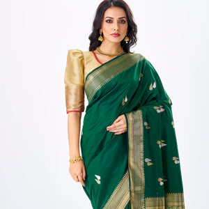 Dark Green Handloom Banarasi Silk Saree With Gold & Silver Zari Buttas