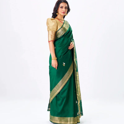 Dark Green Handloom Banarasi Silk Saree With Gold & Silver Zari Buttas