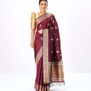 Maroon Handloom Banarasi Silk Saree With Gold & Silver Zari Buttas