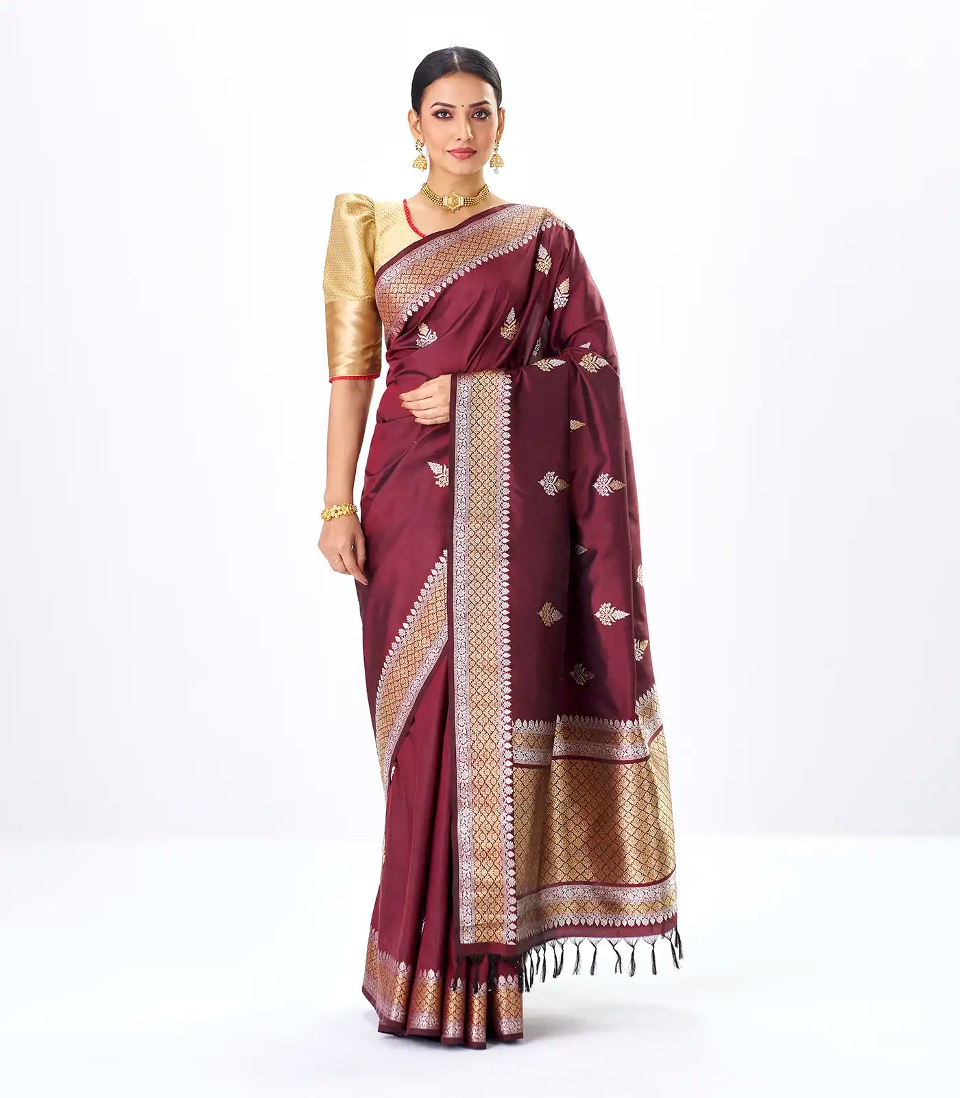 Maroon Handloom Banarasi Silk Saree With Gold & Silver Zari Buttas