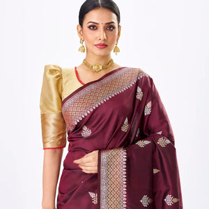 Maroon Handloom Banarasi Silk Saree With Gold & Silver Zari Buttas