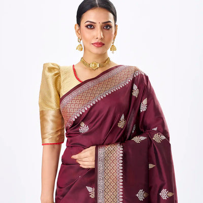 Maroon Handloom Banarasi Silk Saree With Gold & Silver Zari Buttas