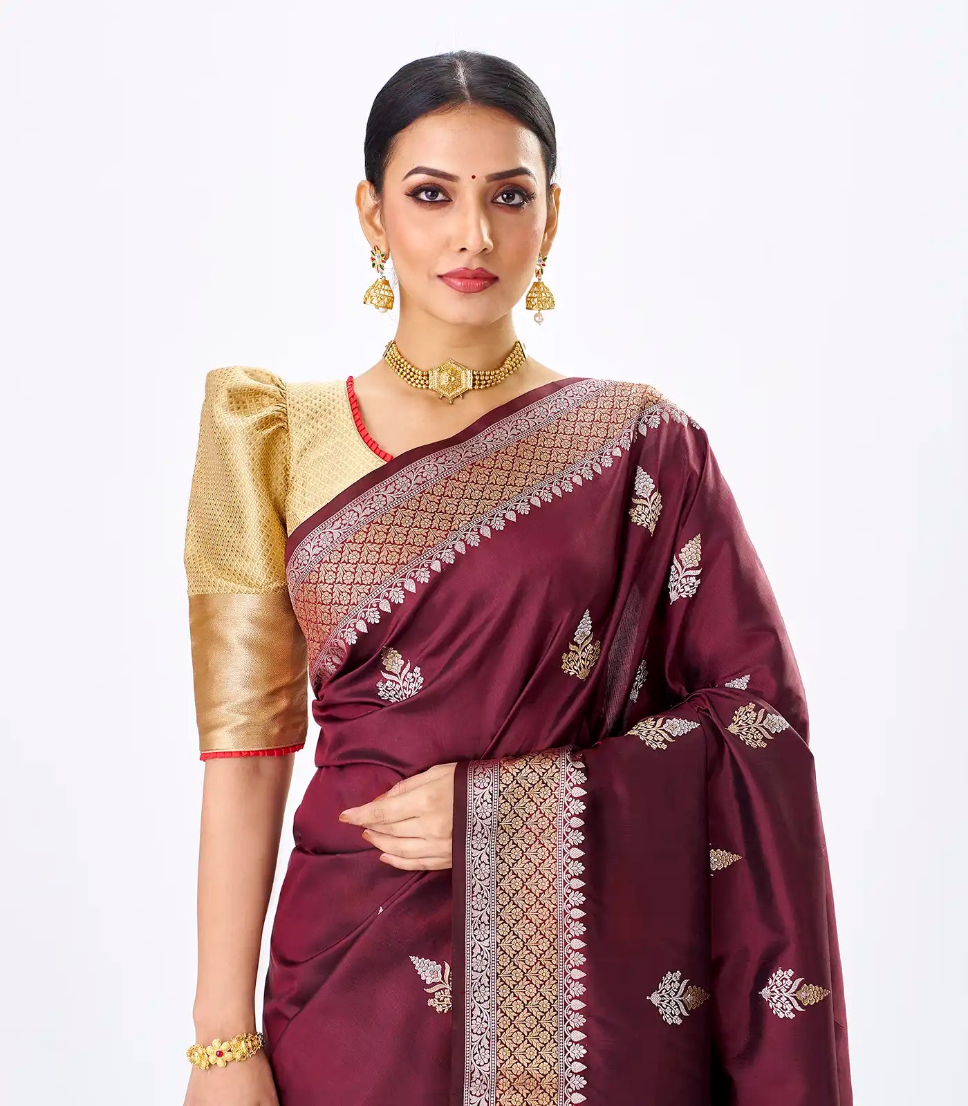 Maroon Handloom Banarasi Silk Saree With Gold & Silver Zari Buttas