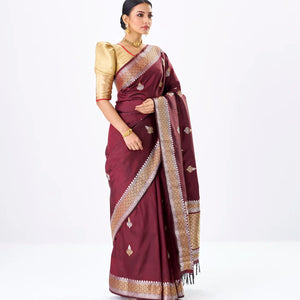 Maroon Handloom Banarasi Silk Saree With Gold & Silver Zari Buttas