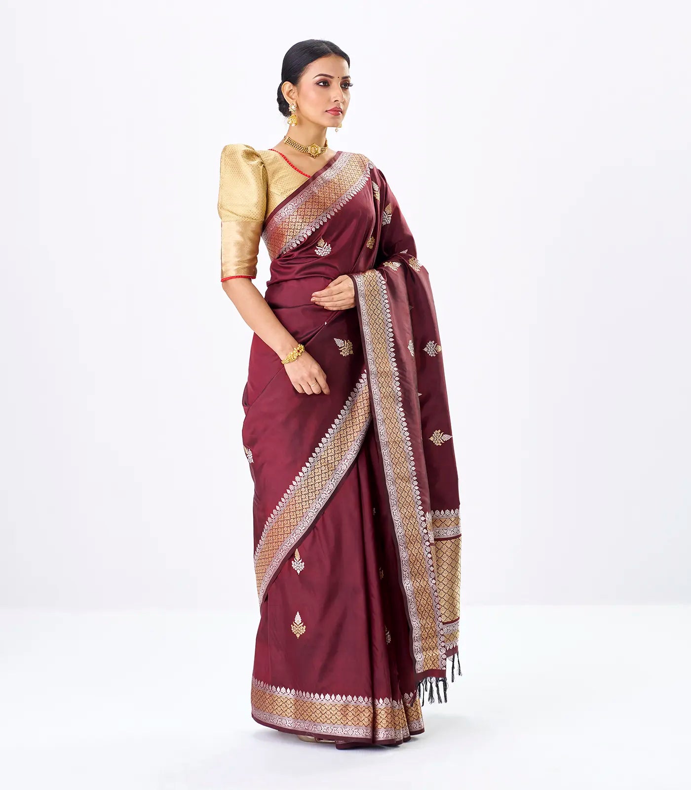 Maroon Handloom Banarasi Silk Saree With Gold & Silver Zari Buttas