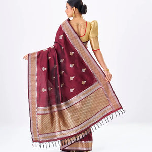 Maroon Handloom Banarasi Silk Saree With Gold & Silver Zari Buttas