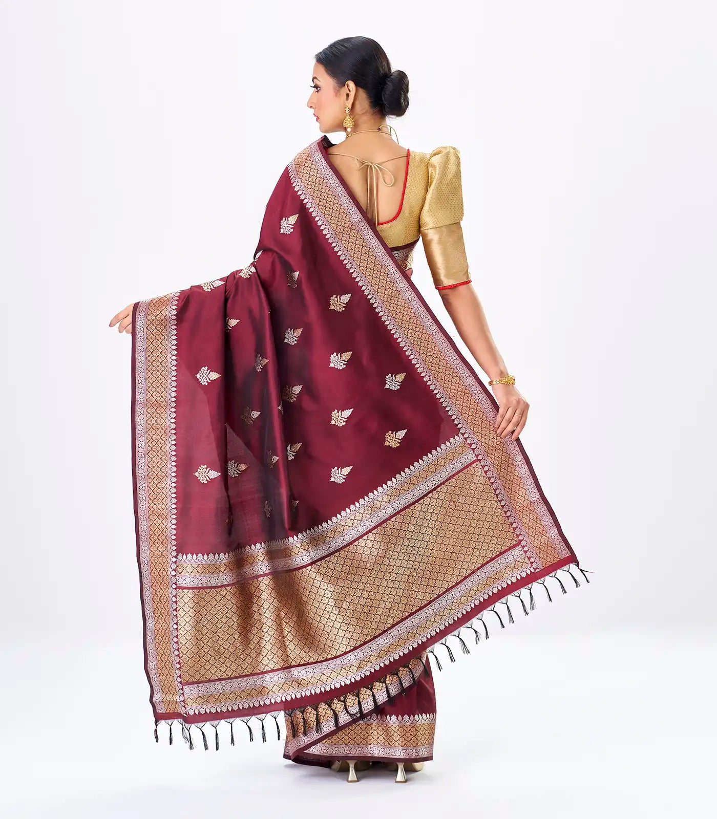 Maroon Handloom Banarasi Silk Saree With Gold & Silver Zari Buttas