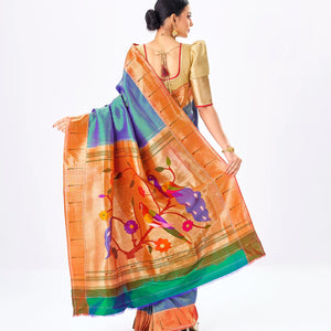 Blue Handloom Paithani Silk Saree With Stripes-Blue