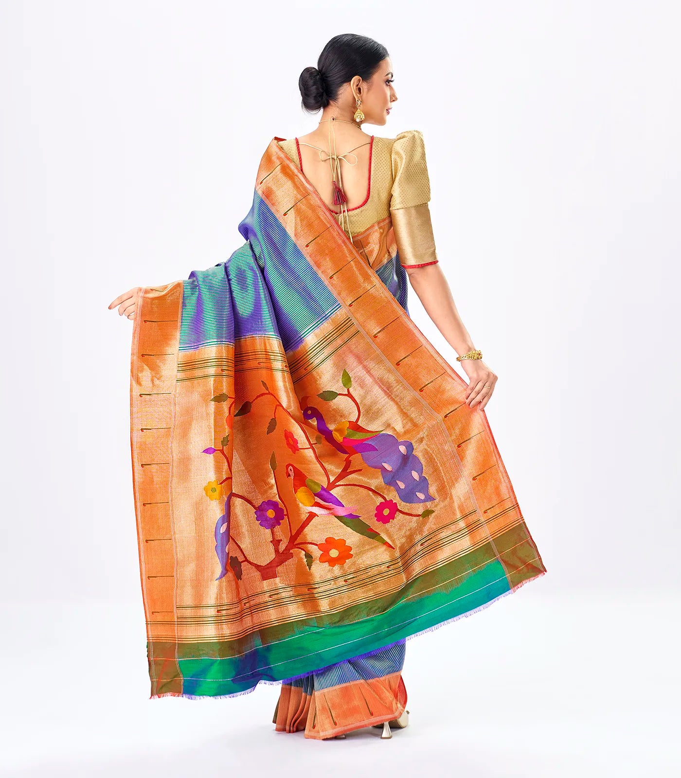 Blue Handloom Paithani Silk Saree With Stripes-Blue